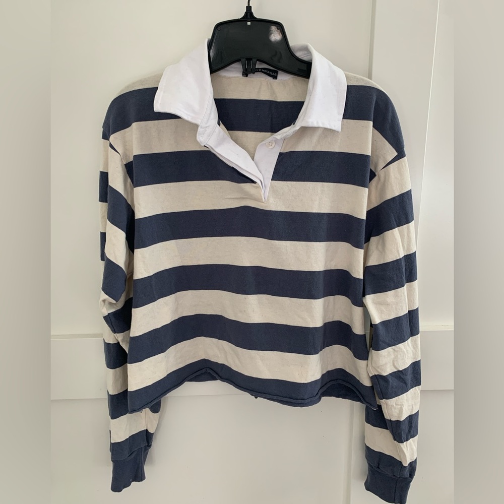 Brandy Melville wide stripe cropped polo blue & white